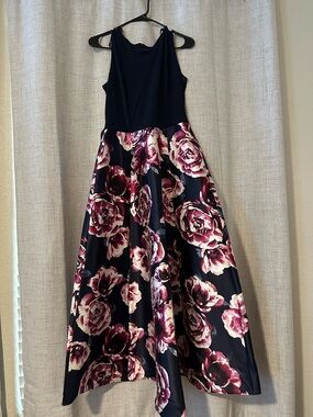 Navy Maxi Dress with Burgundy Floral Skirt